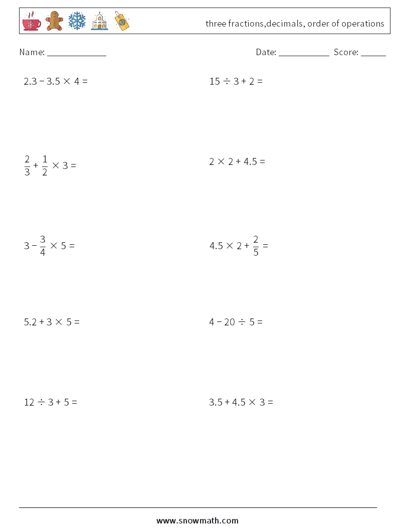three fractions,decimals, order of operations Maths Worksheets 16