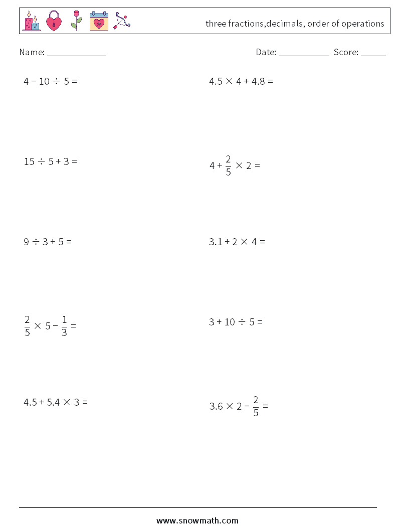 three fractions,decimals, order of operations Math Worksheets 17