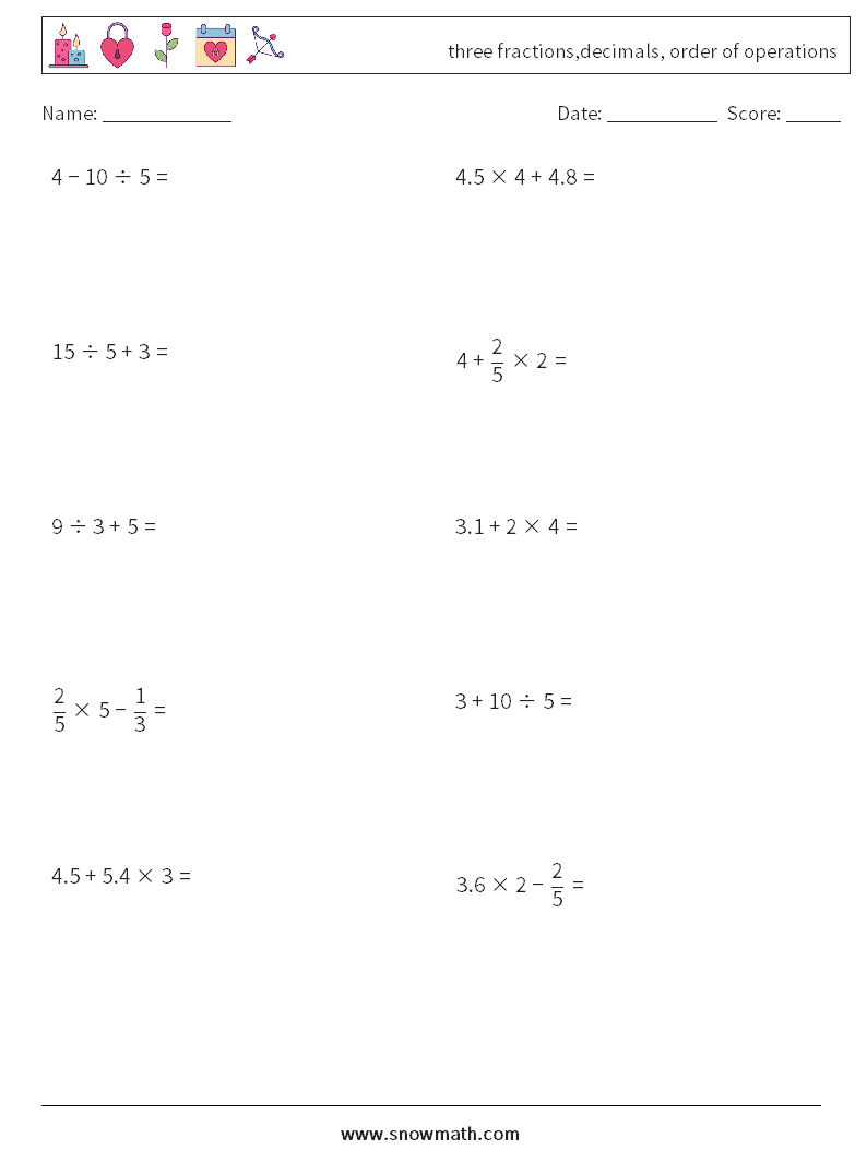 three fractions,decimals, order of operations Maths Worksheets 17