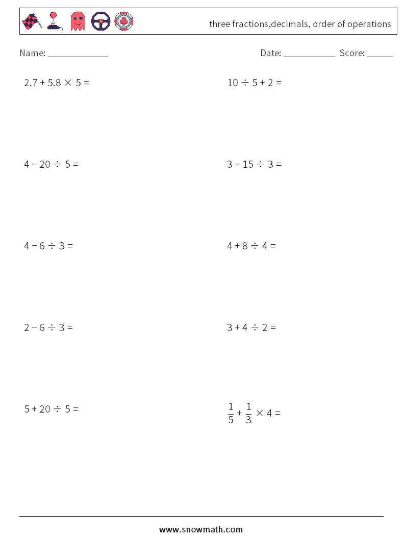 three fractions,decimals, order of operations Maths Worksheets 18