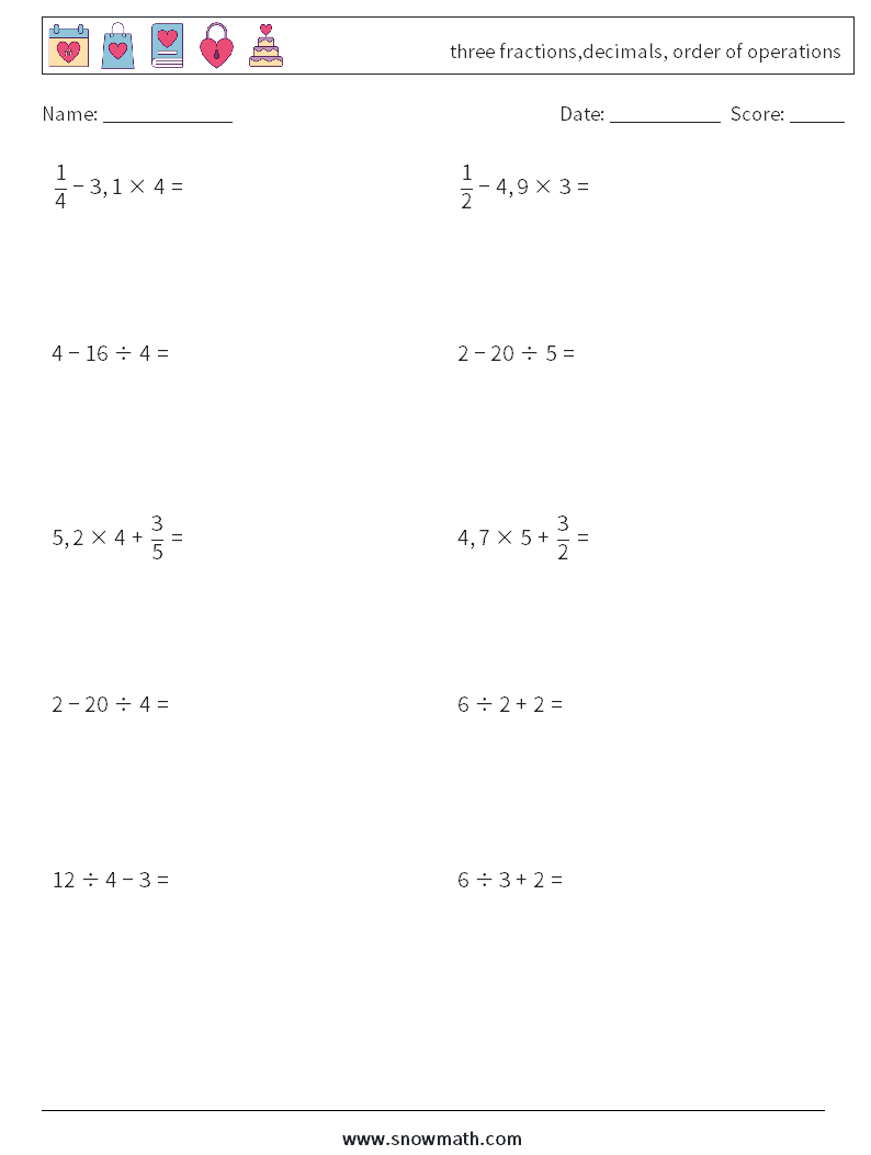 three fractions,decimals, order of operations Maths Worksheets 2