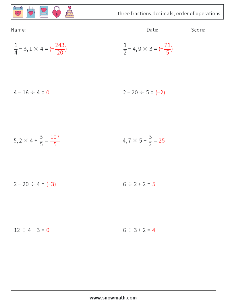 three fractions,decimals, order of operations Math Worksheets 2 Question, Answer