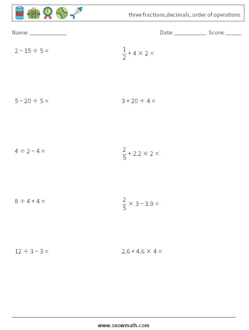 three fractions,decimals, order of operations Math Worksheets 3