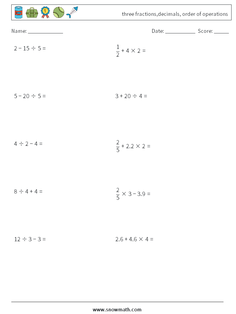 three fractions,decimals, order of operations Maths Worksheets 3