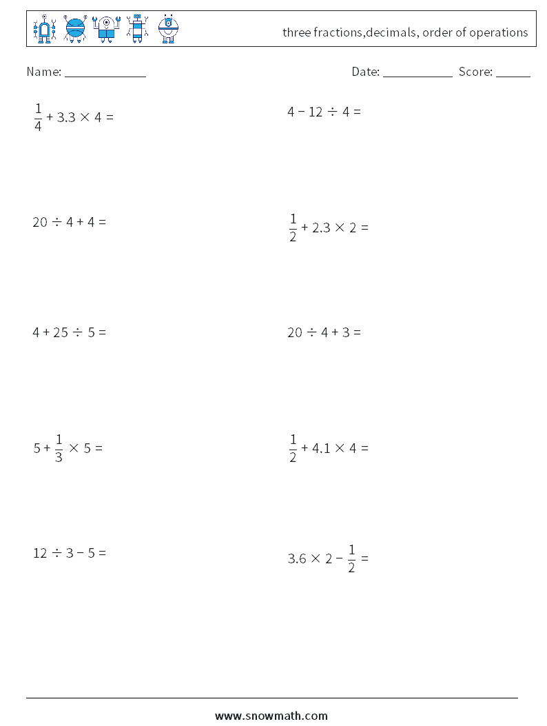 three fractions,decimals, order of operations Maths Worksheets 4