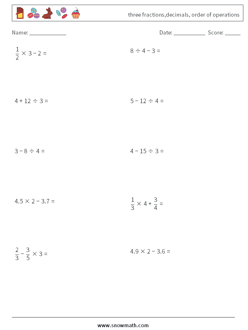 three fractions,decimals, order of operations Maths Worksheets 6