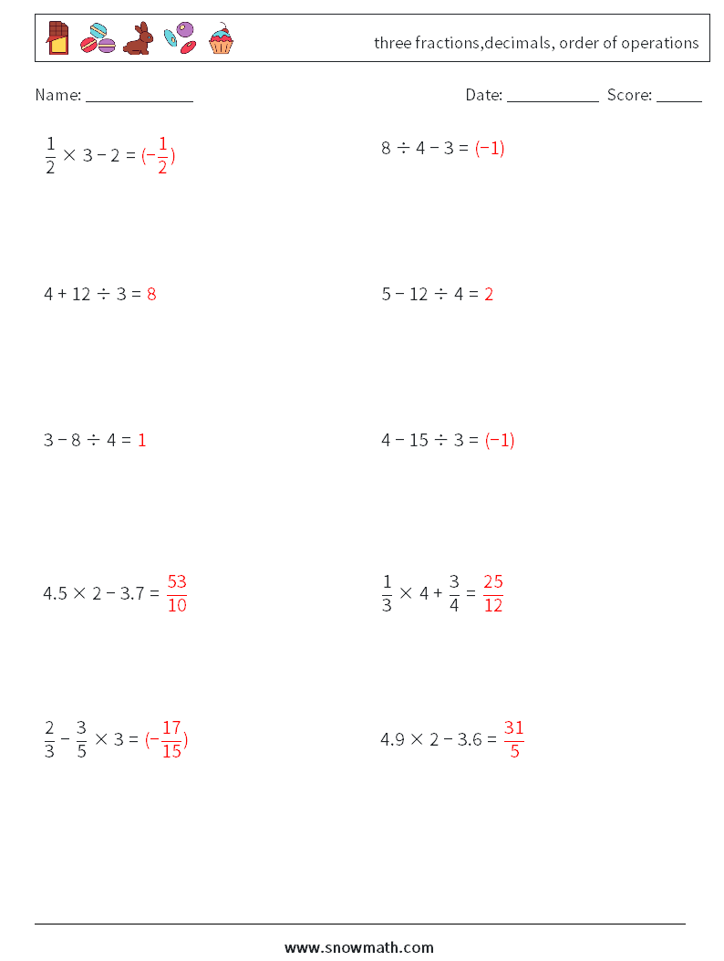 three fractions,decimals, order of operations Math Worksheets 6 Question, Answer