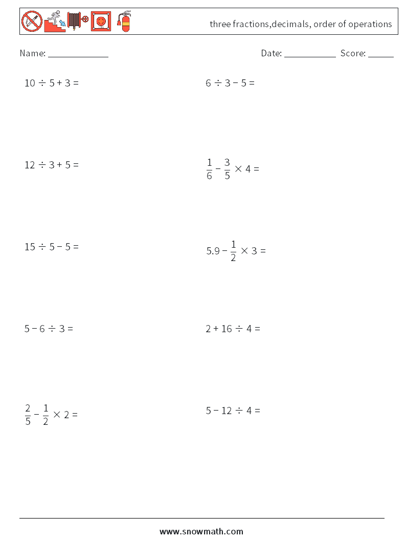 three fractions,decimals, order of operations Maths Worksheets 7