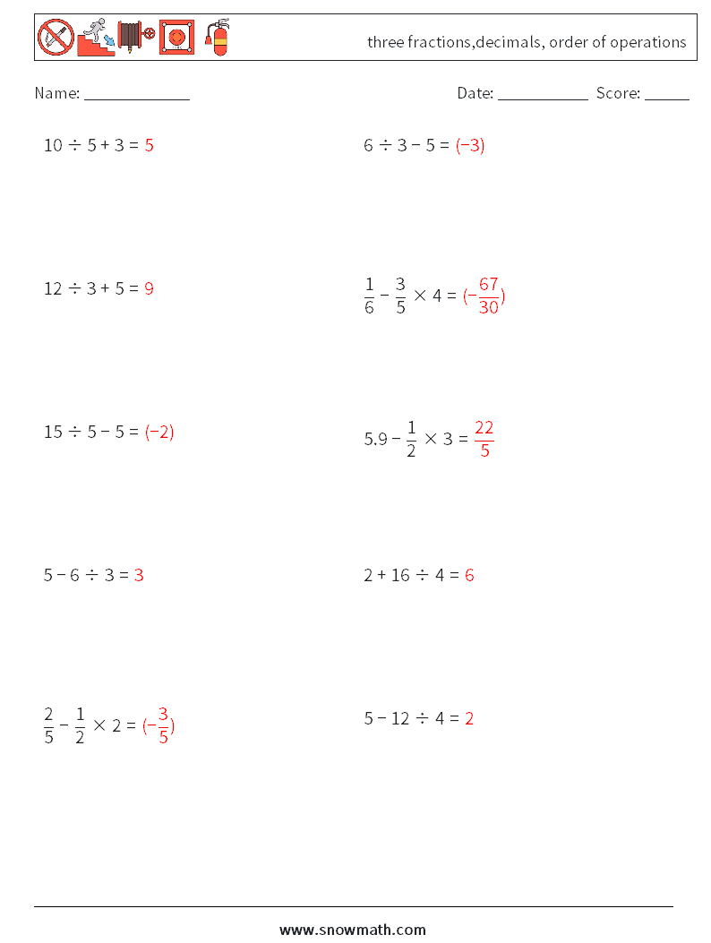 three fractions,decimals, order of operations Math Worksheets 7 Question, Answer