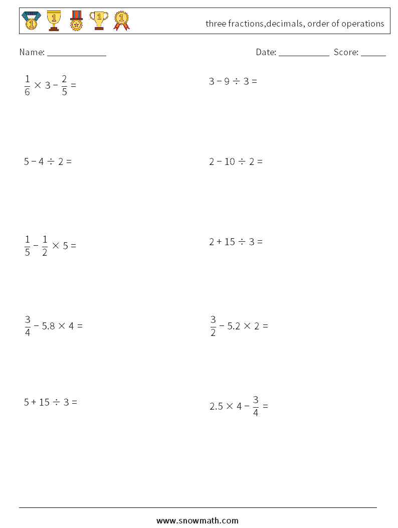 three fractions,decimals, order of operations Math Worksheets 8