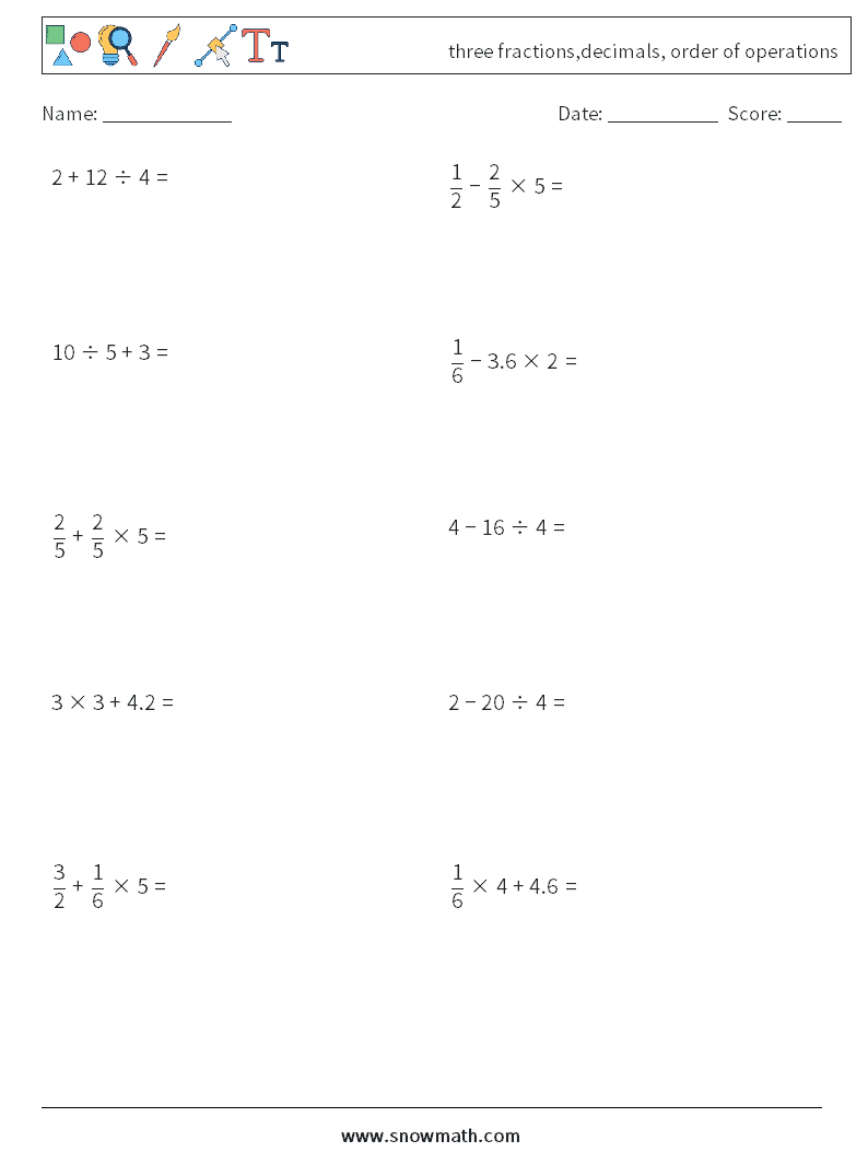 three fractions,decimals, order of operations Maths Worksheets 9