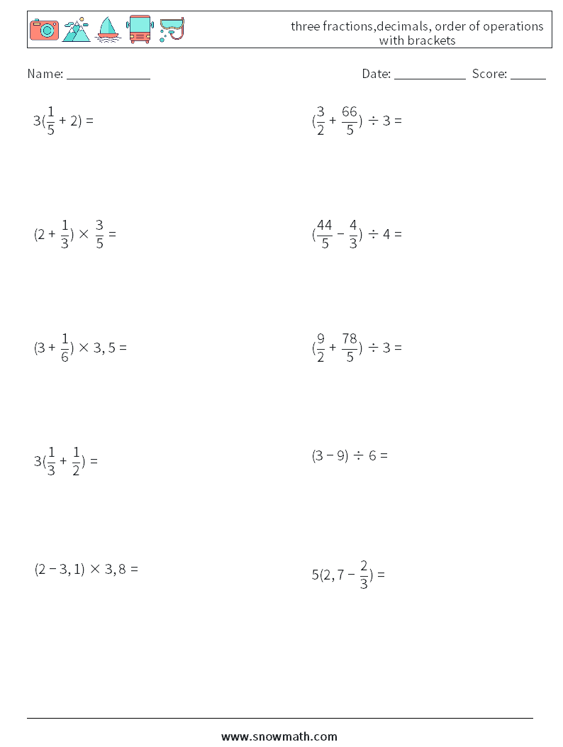 three fractions,decimals, order of operations with brackets Math Worksheets 1