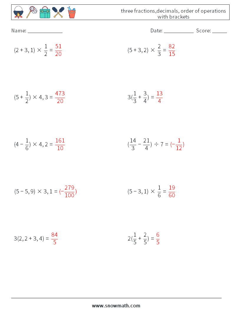 three fractions,decimals, order of operations with brackets Math Worksheets 10 Question, Answer