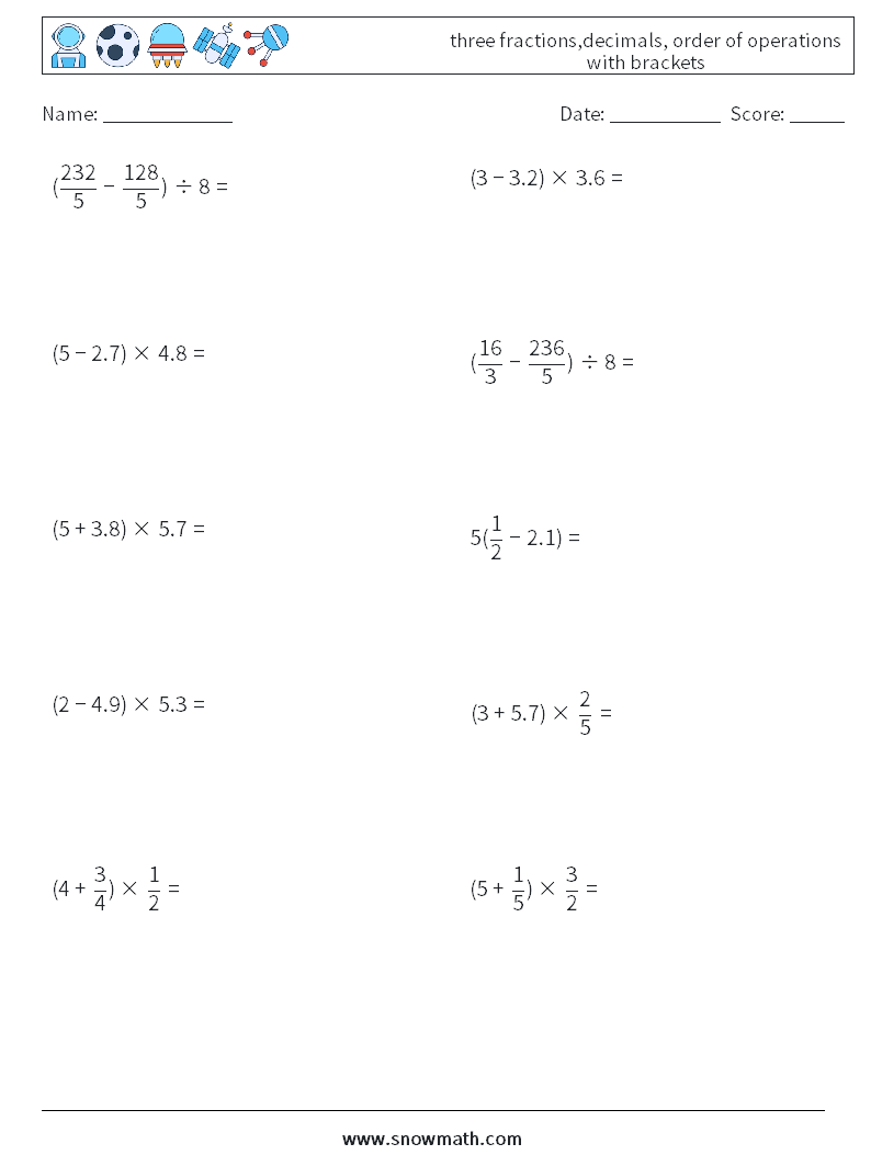 three fractions,decimals, order of operations with brackets Math Worksheets 11