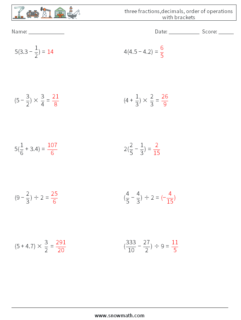 three fractions,decimals, order of operations with brackets Math Worksheets 12 Question, Answer