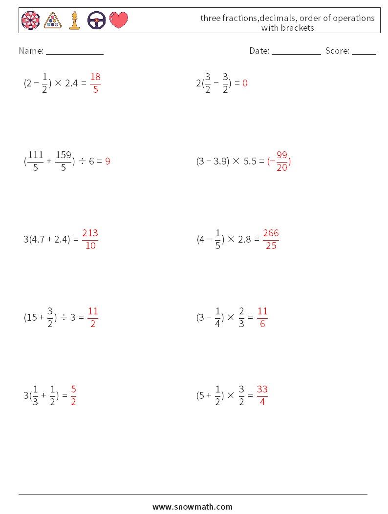 three fractions,decimals, order of operations with brackets Math Worksheets 13 Question, Answer
