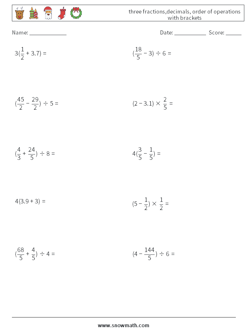 three fractions,decimals, order of operations with brackets Math Worksheets 14