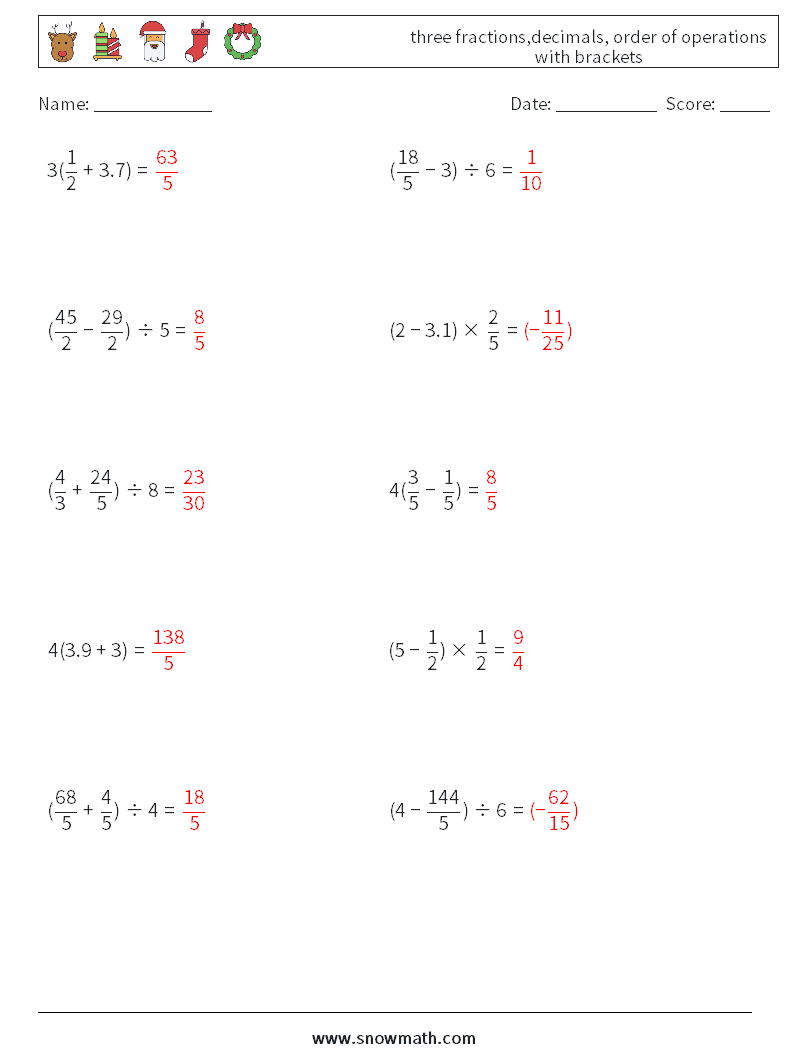 three fractions,decimals, order of operations with brackets Math Worksheets 14 Question, Answer