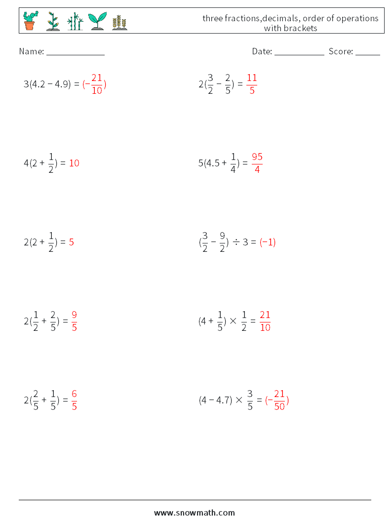 three fractions,decimals, order of operations with brackets Math Worksheets 16 Question, Answer