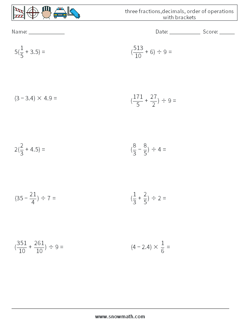 three fractions,decimals, order of operations with brackets Maths Worksheets 18