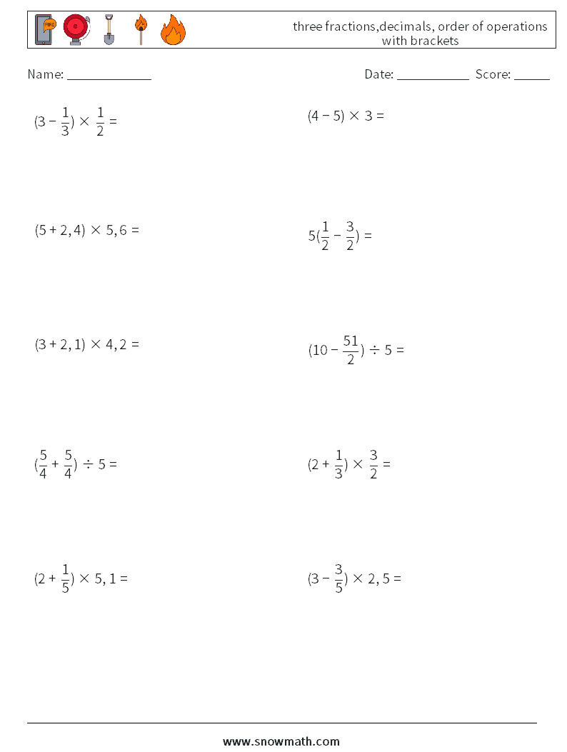 three fractions,decimals, order of operations with brackets Math Worksheets 2