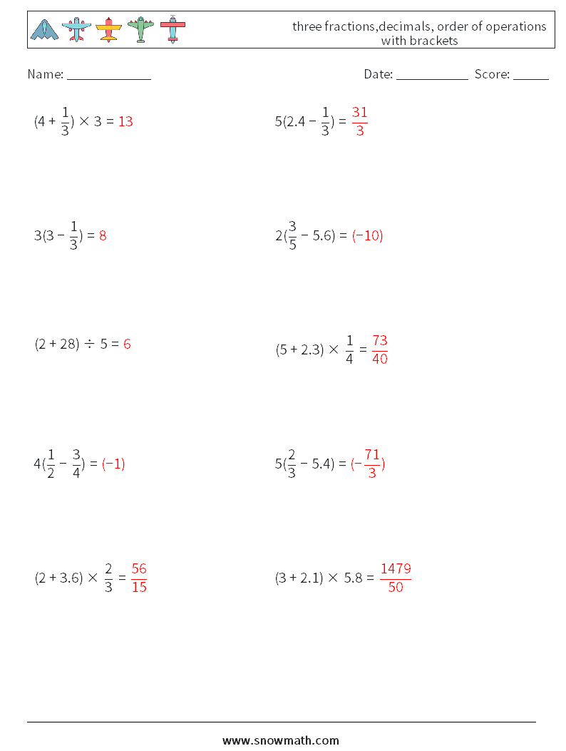 three fractions,decimals, order of operations with brackets Math Worksheets 3 Question, Answer