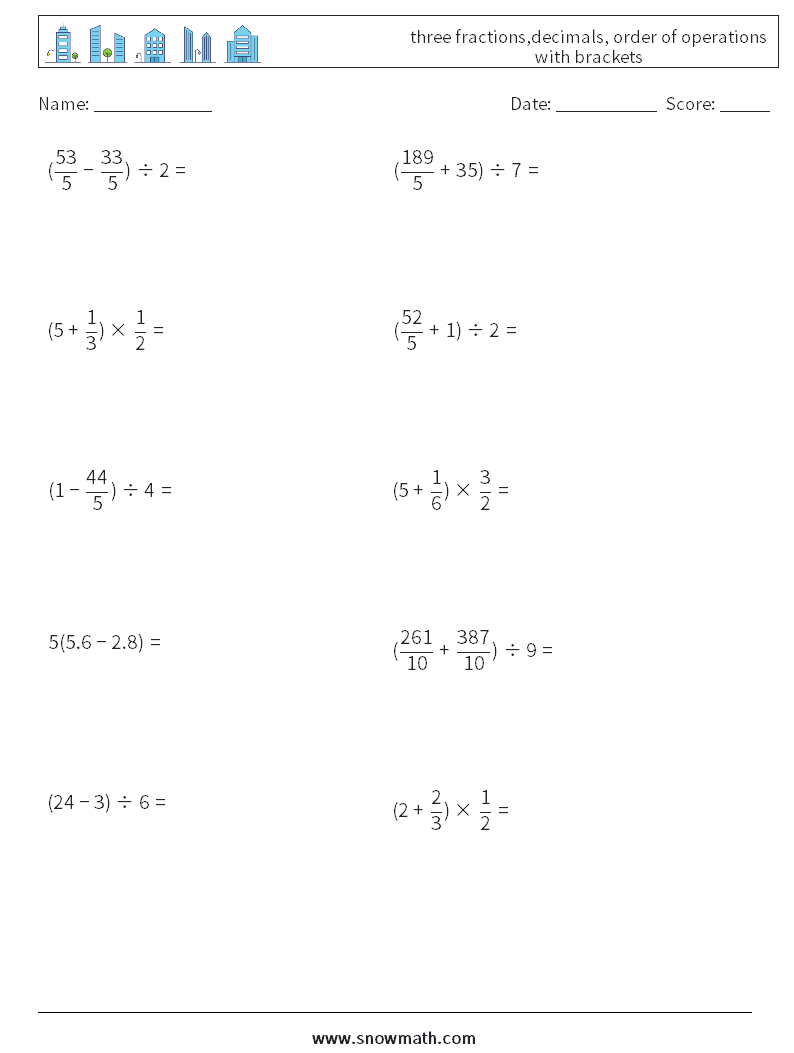 three fractions,decimals, order of operations with brackets Maths Worksheets 4