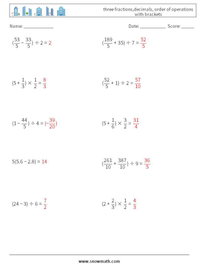 three fractions,decimals, order of operations with brackets Math Worksheets 4 Question, Answer