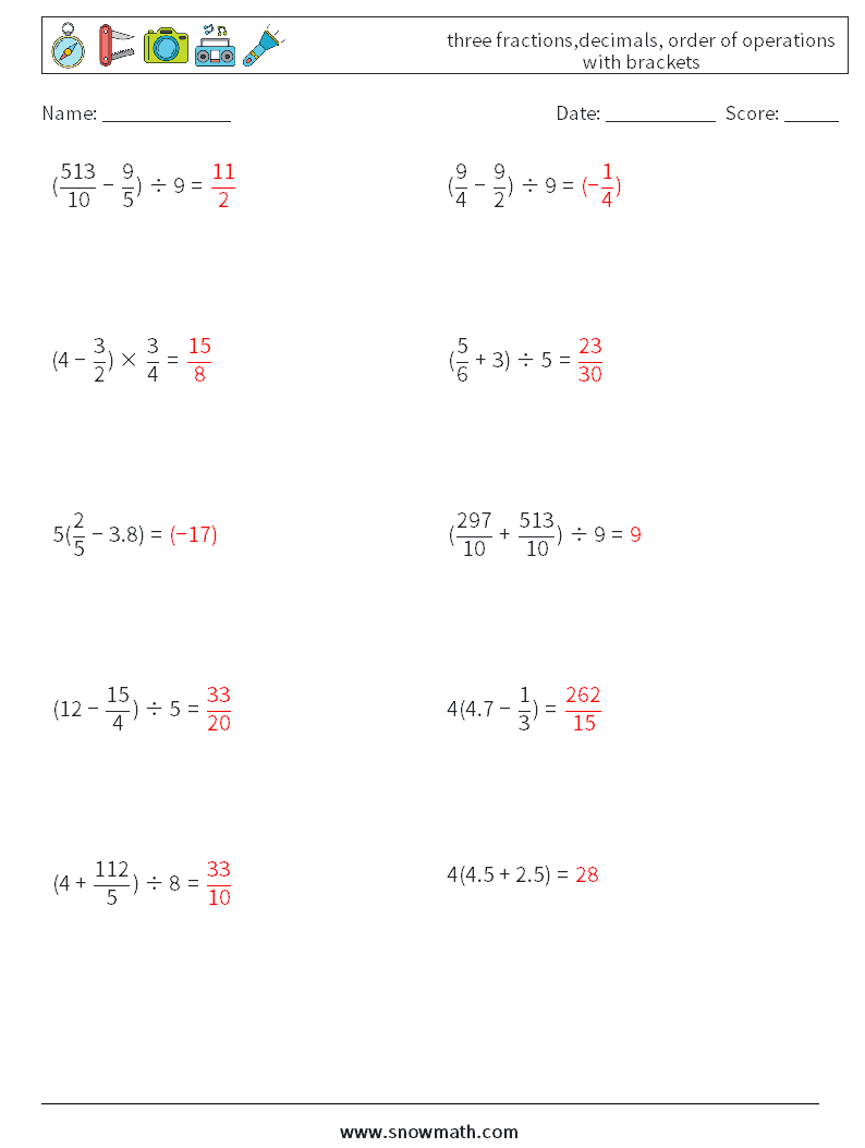 three fractions,decimals, order of operations with brackets Math Worksheets 5 Question, Answer