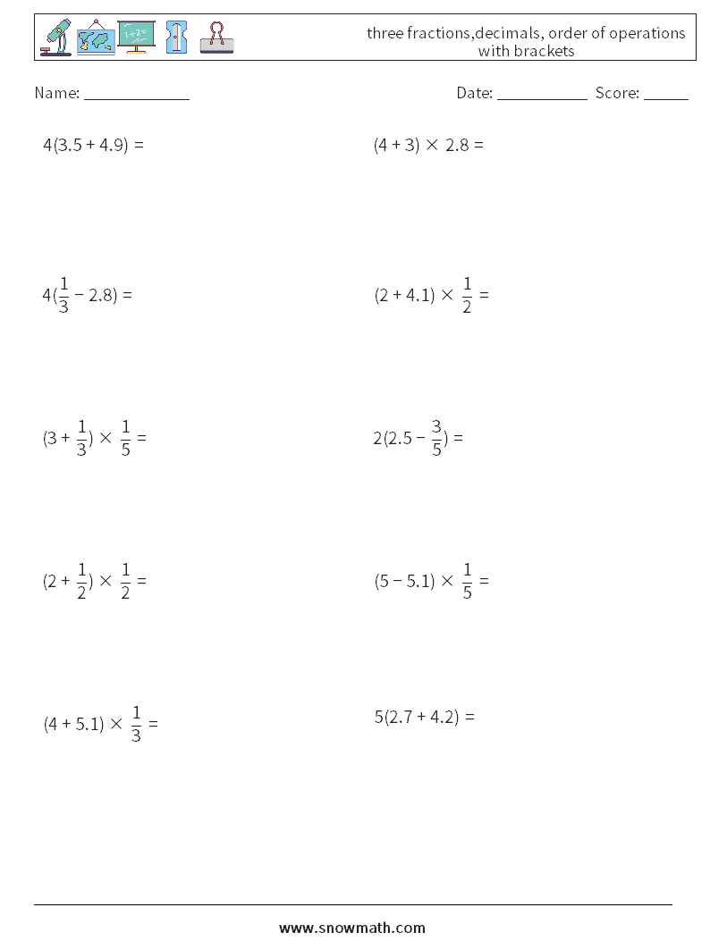 three fractions,decimals, order of operations with brackets Maths Worksheets 6