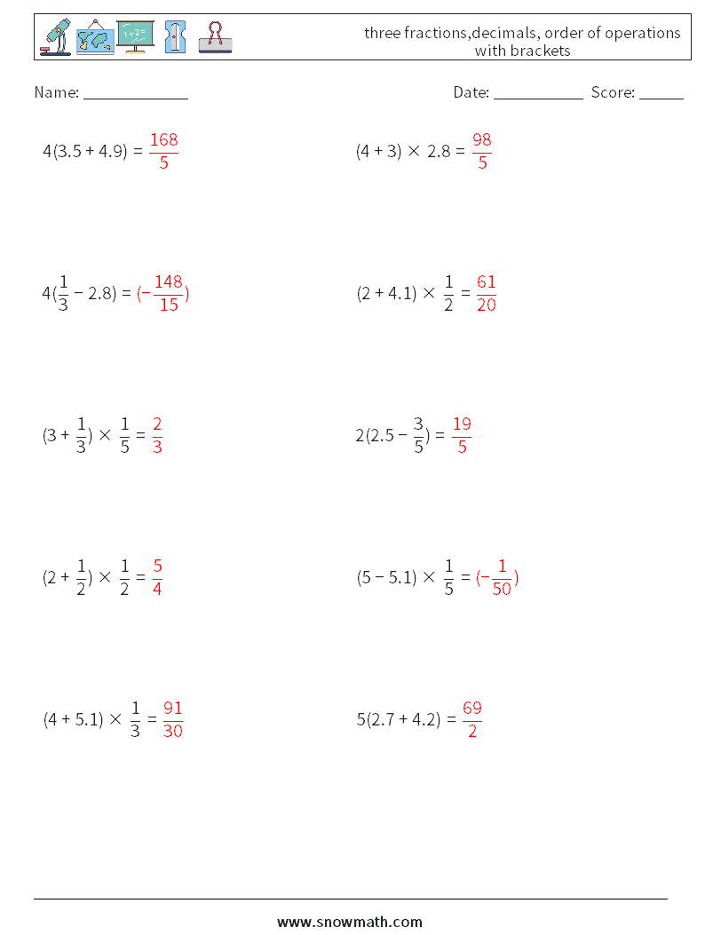 three fractions,decimals, order of operations with brackets Math Worksheets 6 Question, Answer