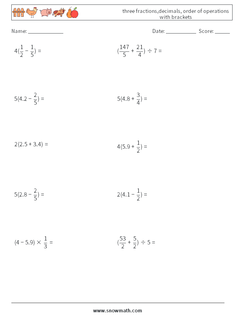 three fractions,decimals, order of operations with brackets Math Worksheets 8