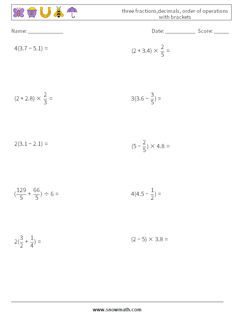 three fractions,decimals, order of operations with brackets Math Worksheets 9