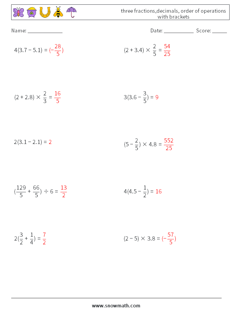 three fractions,decimals, order of operations with brackets Math Worksheets 9 Question, Answer