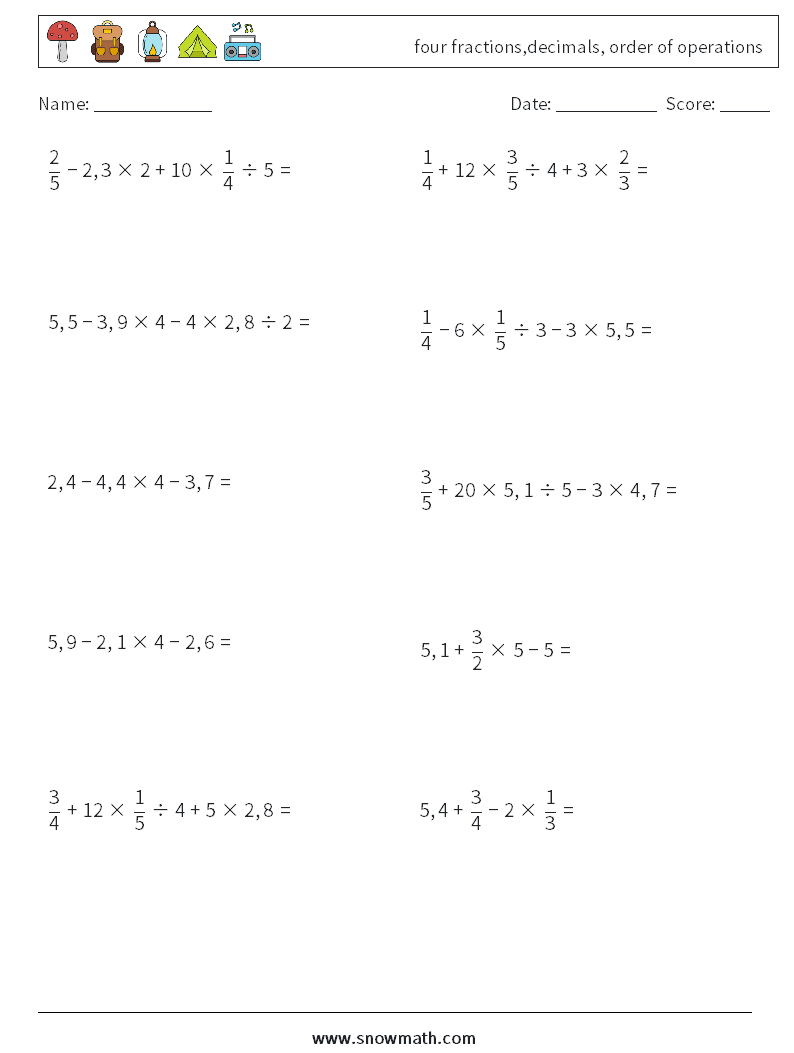 four fractions,decimals, order of operations Math Worksheets 1