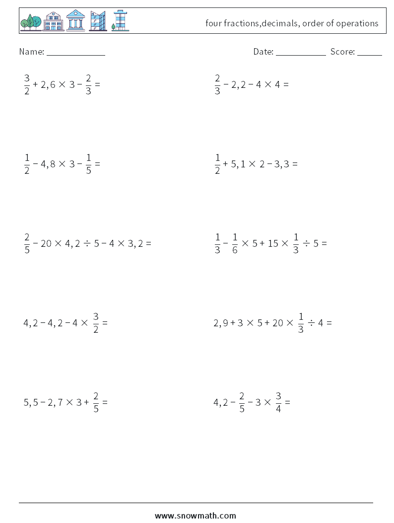 four fractions,decimals, order of operations Math Worksheets 10