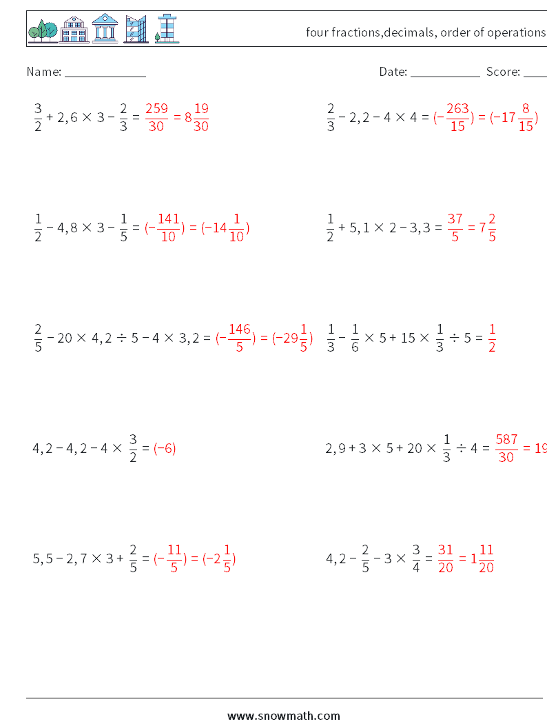 four fractions,decimals, order of operations Math Worksheets 10 Question, Answer