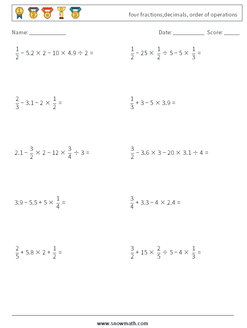 four fractions,decimals, order of operations Math Worksheets 11