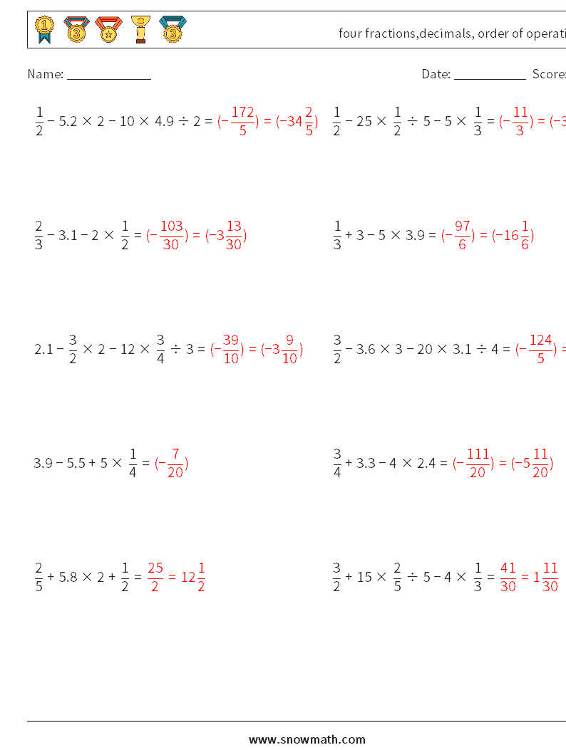 four fractions,decimals, order of operations Math Worksheets 11 Question, Answer