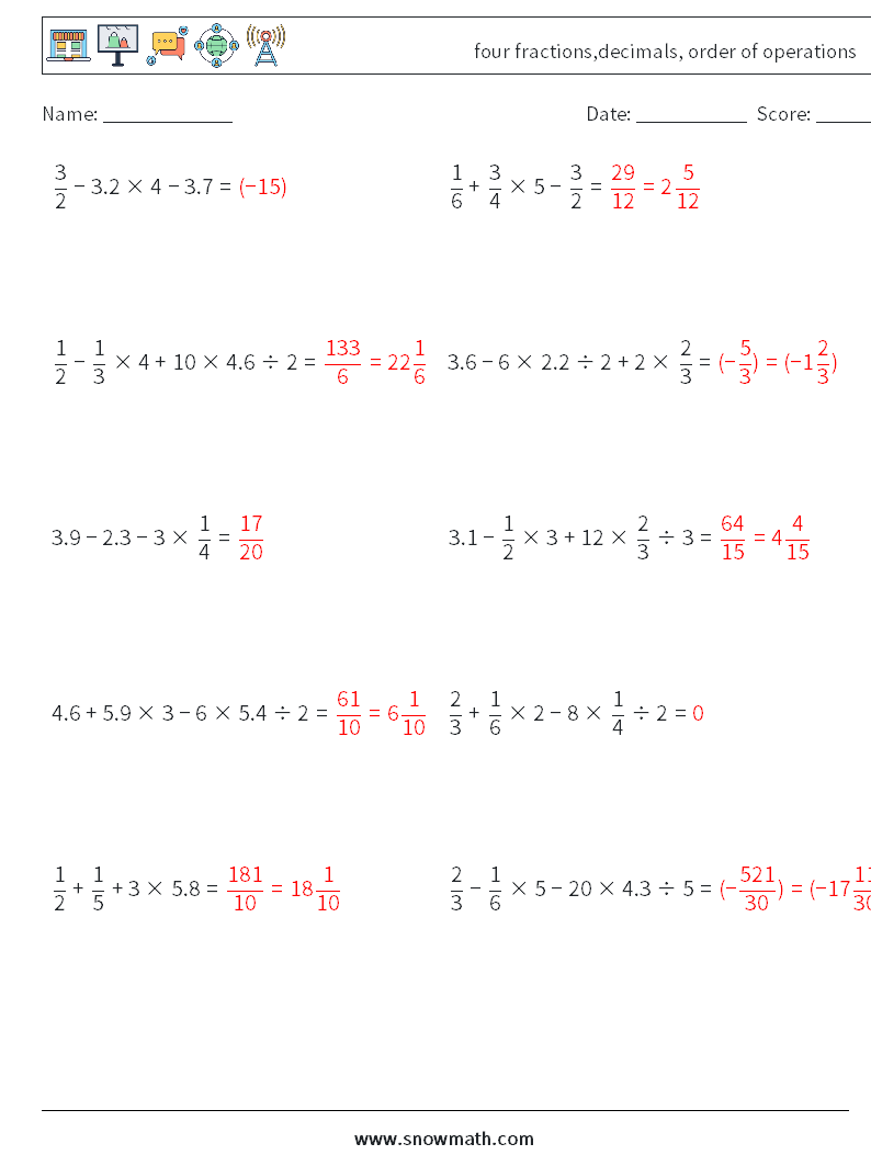 four fractions,decimals, order of operations Math Worksheets 12 Question, Answer