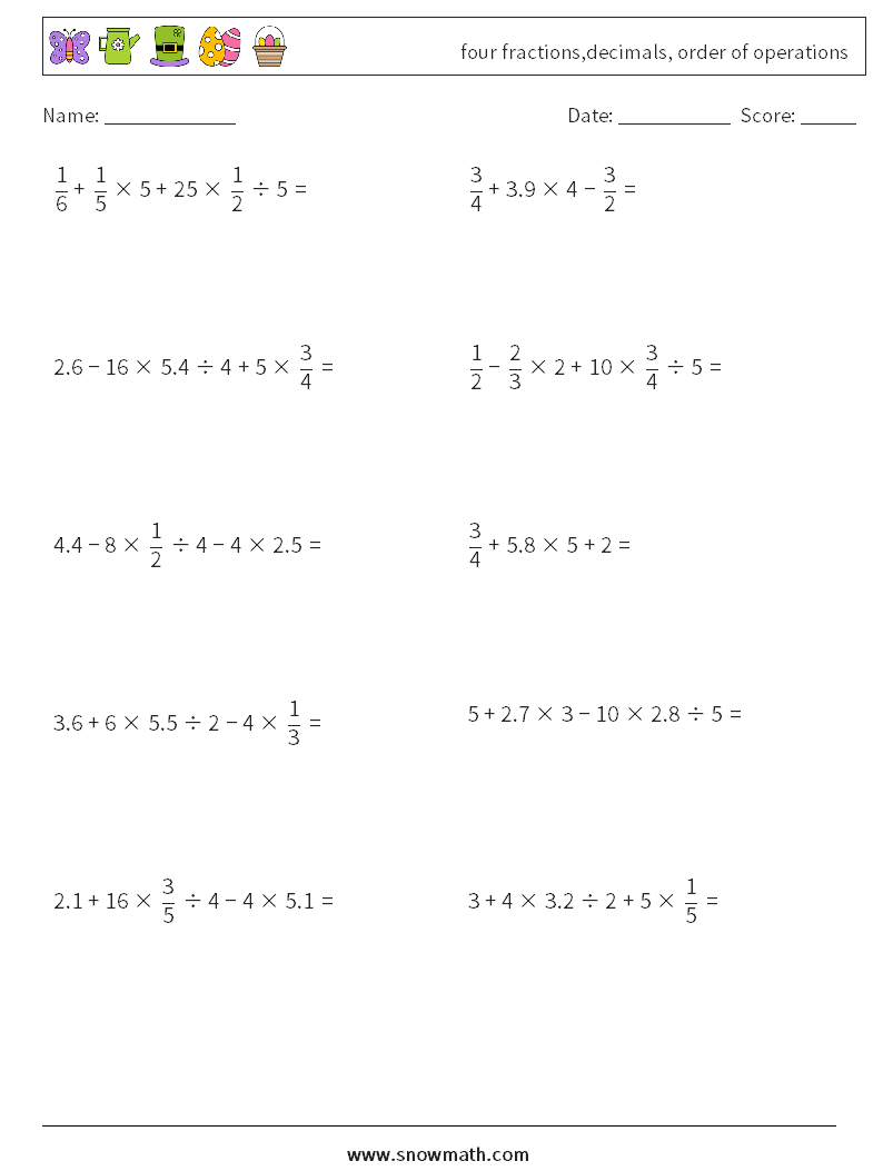 four fractions,decimals, order of operations Math Worksheets 13