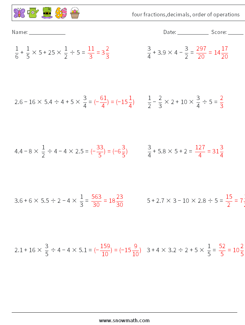 four fractions,decimals, order of operations Math Worksheets 13 Question, Answer