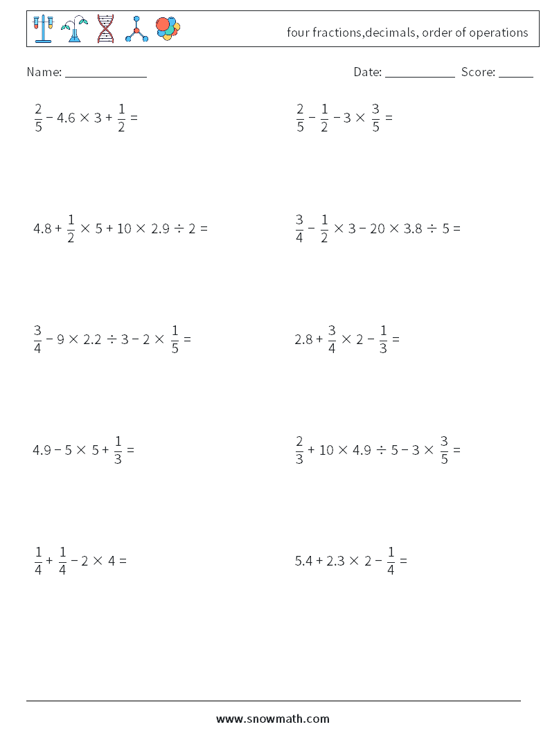 four fractions,decimals, order of operations Math Worksheets 14