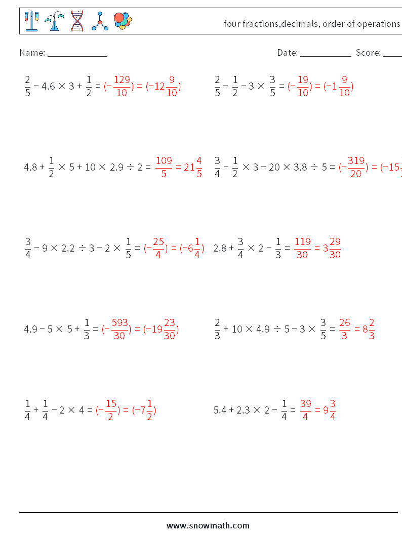 four fractions,decimals, order of operations Math Worksheets 14 Question, Answer