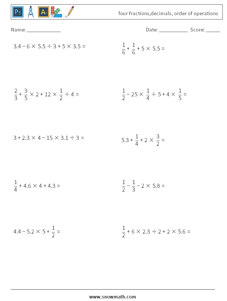 four fractions,decimals, order of operations Math Worksheets 16