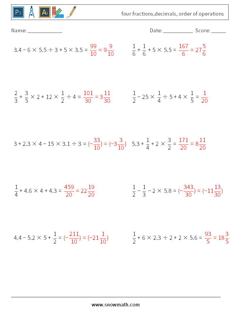 four fractions,decimals, order of operations Math Worksheets 16 Question, Answer