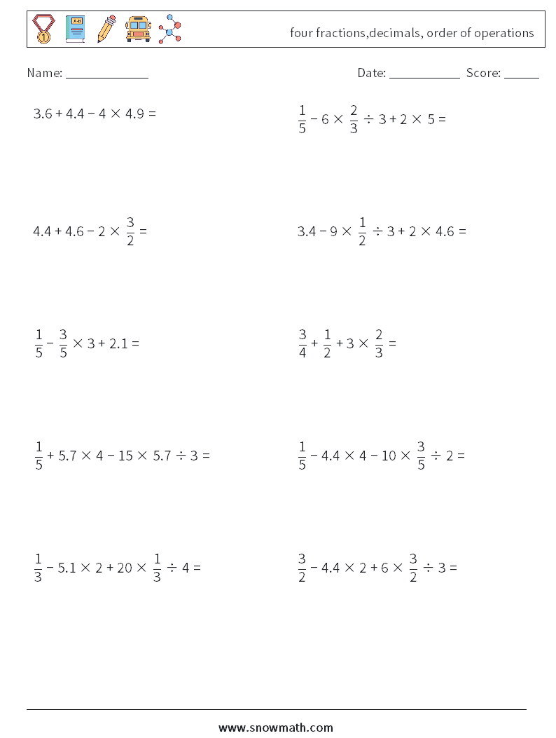 four fractions,decimals, order of operations Math Worksheets 17