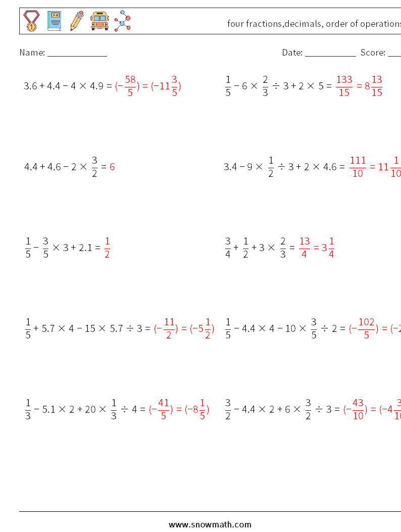 four fractions,decimals, order of operations Math Worksheets 17 Question, Answer