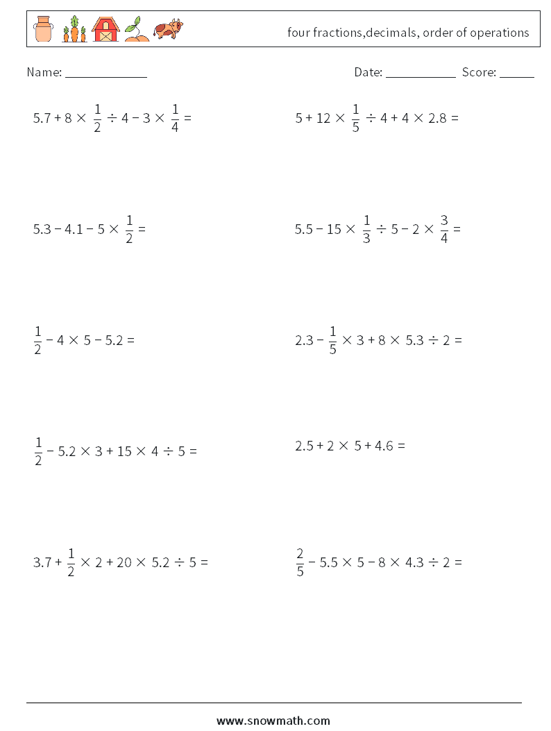 four fractions,decimals, order of operations Math Worksheets 18