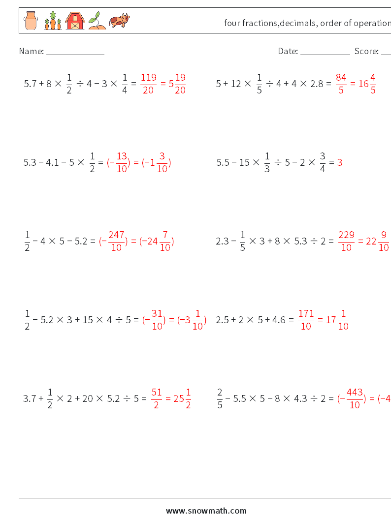 four fractions,decimals, order of operations Math Worksheets 18 Question, Answer